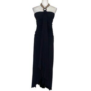 grass collection Women's Black Halter Beaded Neck High Low Maxi Dress Boho Sz L